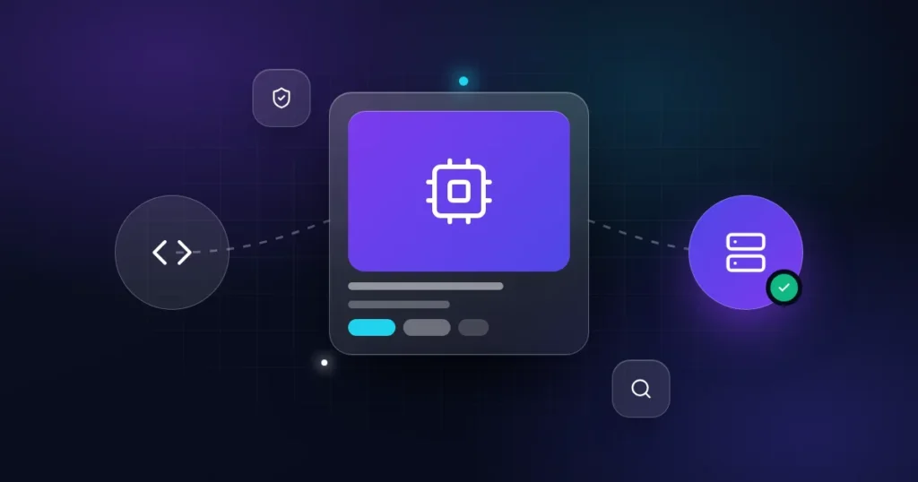 SaaS technical due diligence: a software card with code, server, shield and magnifier icons on a dark background