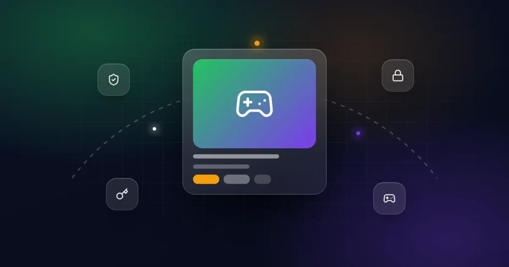 Securing a game account: a game controller card with shield, lock, key and gamepad icons on a dark background