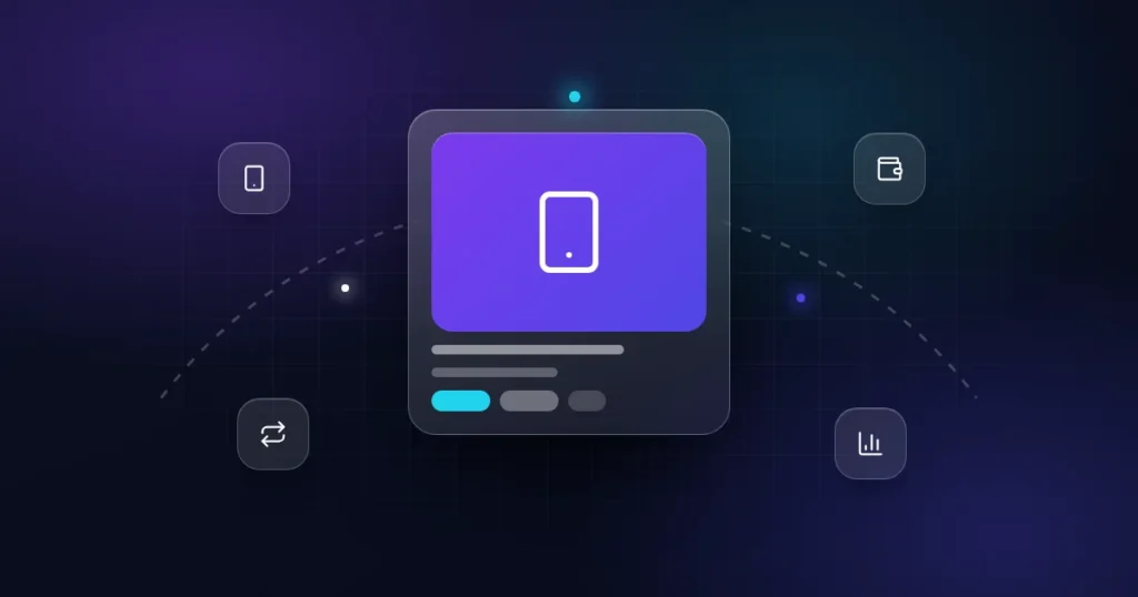 Selling a mobile app: a phone card with wallet, transfer and chart icons on a dark background