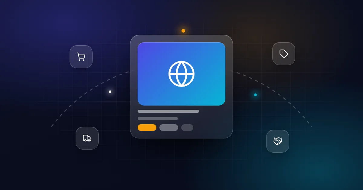 Selling an ecommerce business: a website card with shopping cart, price tag, delivery truck and handshake icons on a dark background
