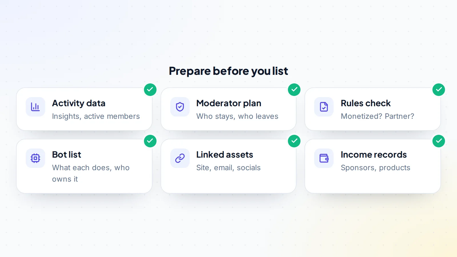 Six things to prepare before selling a Discord server: activity data from insights, a plan for moderators, a check of Discord's rules for monetized or partner servers, a list of bots, linked assets such as a website and email list, and income records