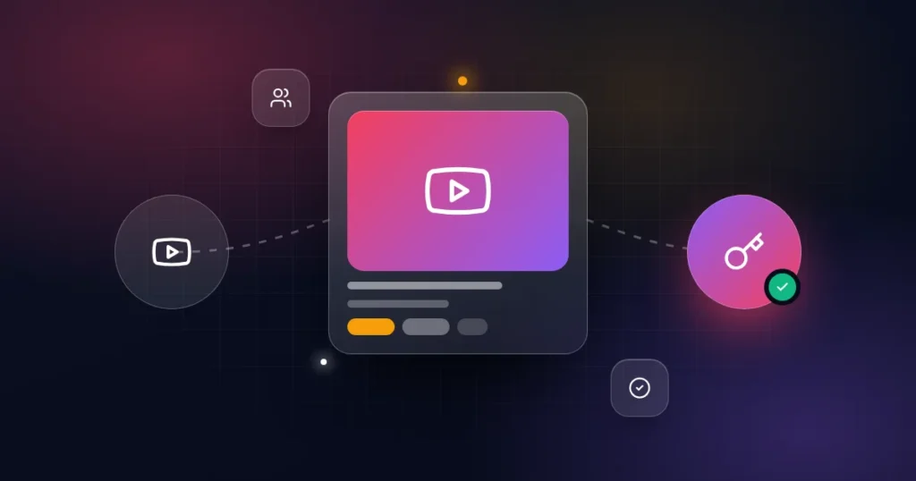Transferring YouTube channel ownership: a video channel card with YouTube, key, users and check icons on a dark background