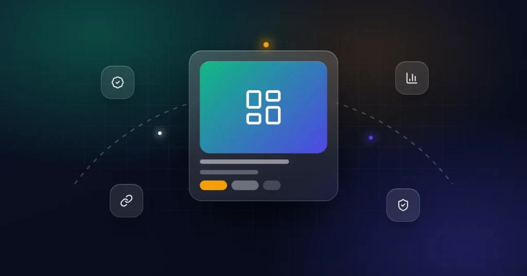 Verified metrics: a dashboard card with verified badge, chart, link and shield icons on a dark background