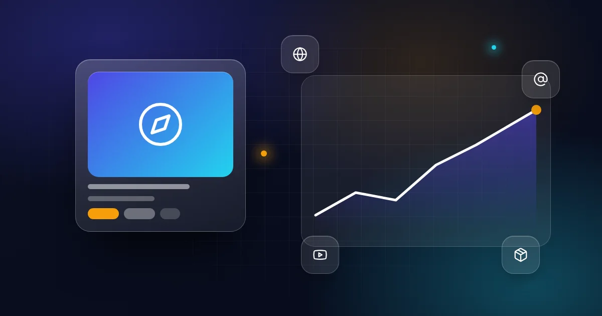 What is a digital asset: a compass card surrounded by website, domain, video channel and digital product icons on a dark background
