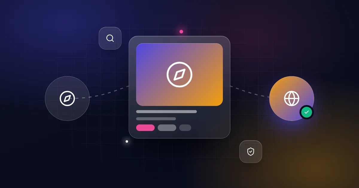 Where to buy a website: a compass card with globe, search and shield icons on a dark background