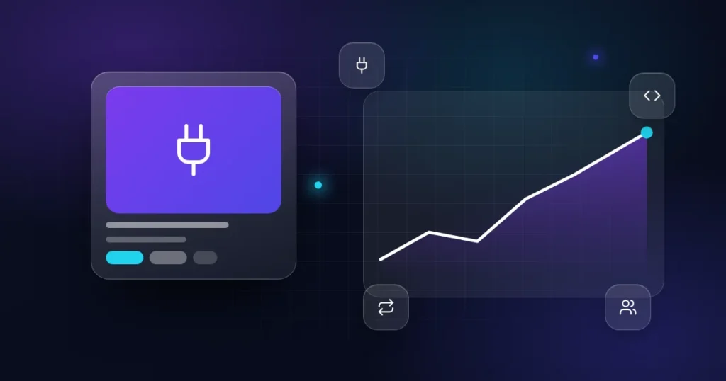 WordPress plugin business for sale: a plug card with code, renewal and users icons on a dark background