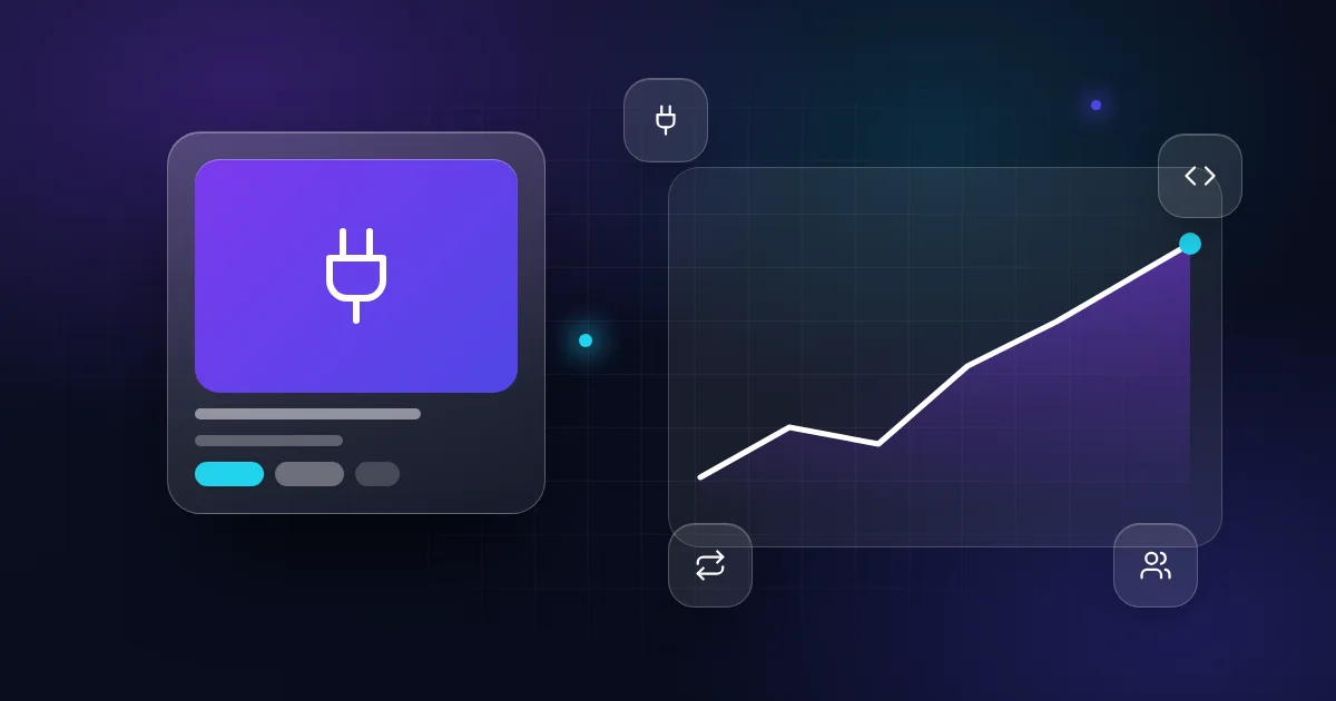 WordPress plugin business for sale: a plug card with code, renewal and users icons on a dark background