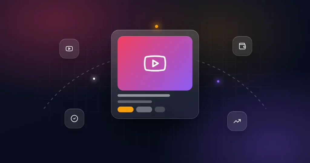 YouTube monetization after purchase: a video channel card with YouTube, wallet, check and rising trend icons on a dark background