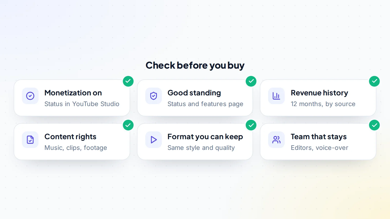 Six things to check before buying a monetized YouTube channel: monetization status in YouTube Studio, good standing on the status and features page, twelve months of revenue history, rights to music and footage, a format you can keep making, and a team that stays